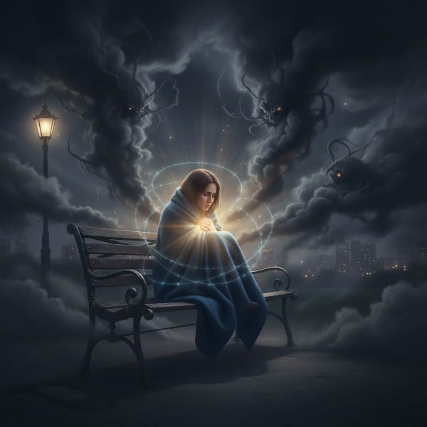 Ilustrasi seorang perempuan muda yang diliputi kecemasan di malam hari, dengan teknik pernapasan menenangkan yang membawa cahaya ketenangan.