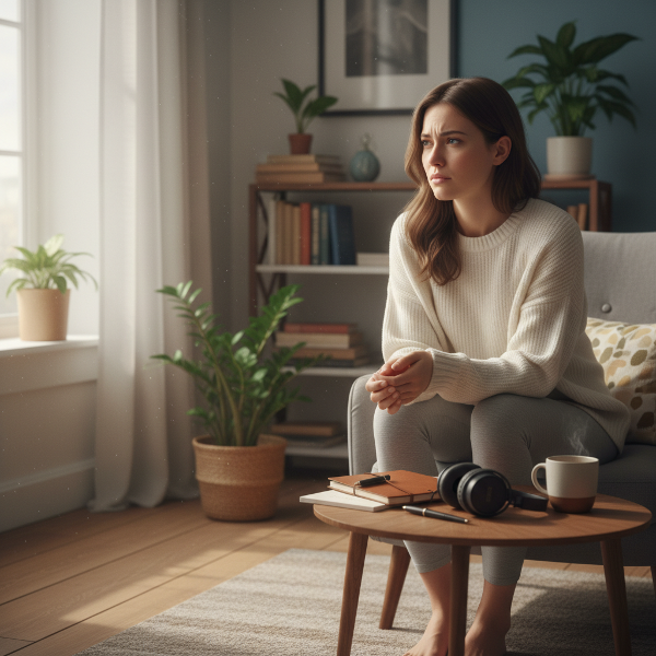 Ilustrasi seorang wanita muda yang sedang merenung di ruangan tenang, dengan cahaya lembut dan simbol-simbol perawatan diri seperti buku harian dan headphone, merepresentasikan perjalanan mengelola emosi dan kemarahan.