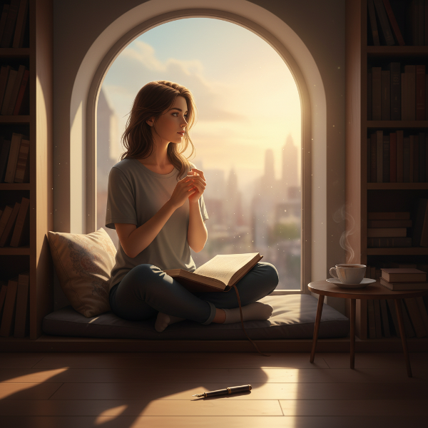 Ilustrasi seorang wanita muda sedang merenung di dekat jendela dengan cahaya lembut, mewakili introspeksi dan harapan dalam menghadapi perasaan kehilangan semangat.