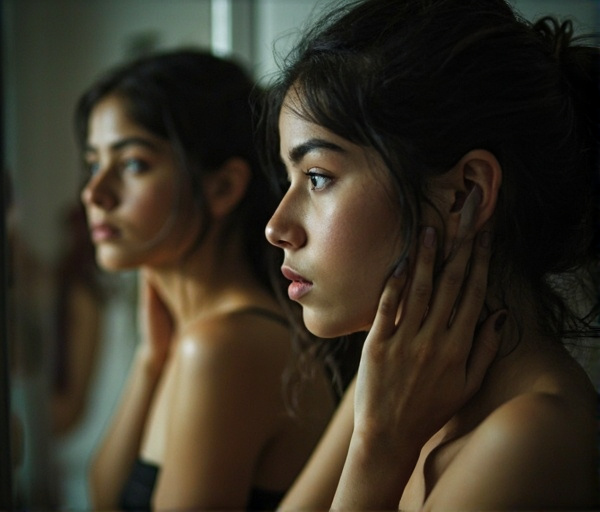 Seorang gadis berusia 21 tahun duduk termenung sambil menulis jurnal, di sekelilingnya tampak bayangan harapan keluarga dan layar media sosial, namun ia tersenyum lembut ke cermin sebagai simbol penerimaan diri.