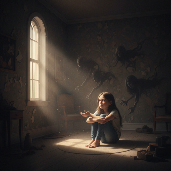 Ilustrasi seorang gadis muda yang sedang berjuang dengan gejala pascatrauma, dengan cahaya lembut yang mulai masuk mewakili harapan dan perjalanan menuju pemulihan.