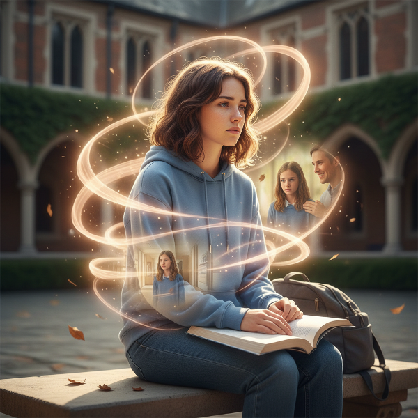 Ilustrasi seorang mahasiswi yang sedang berjuang dengan kilas balik trauma, dengan cahaya lembut yang melambangkan dukungan dan proses penyembuhan.