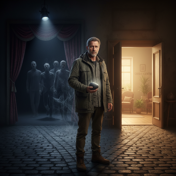 A man at a symbolic crossroads between his artistic and volunteer lives, holding a grounding object as he confronts fading traumatic memories.