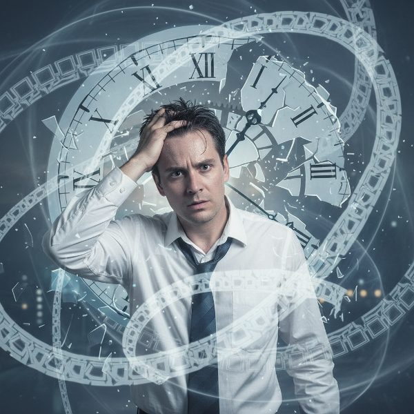 A visual metaphor showing a professional man trapped by compulsive breathing patterns, with time fracturing around him.