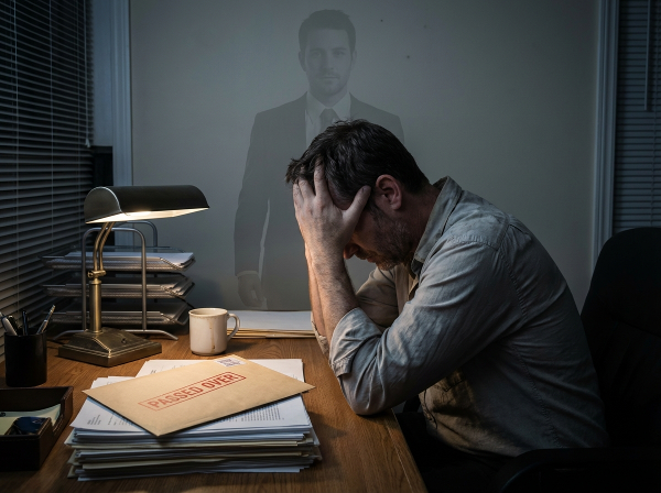 A man experiencing a crisis of confidence after a professional setback, with a visual metaphor of his former self fading away.