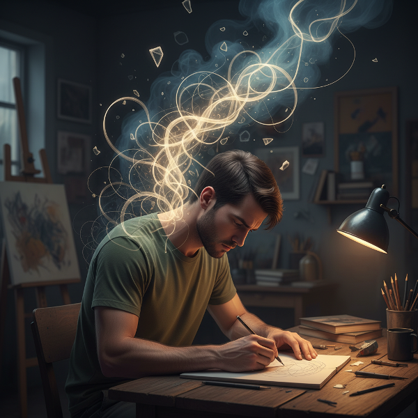 An illustration showing a person's physical tension merging with abstract, releasing doodles.