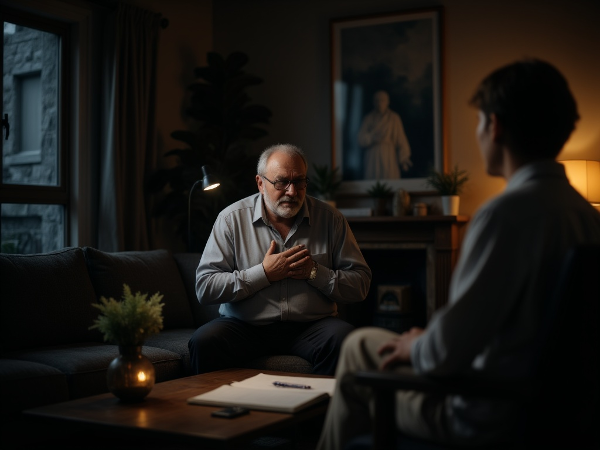 An older man experiencing a panic attack at home, with symbolic elements of professional psychological support nearby.