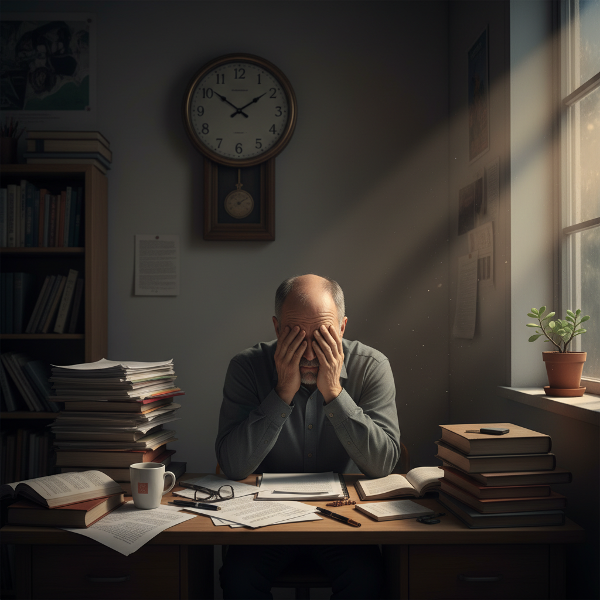 A tired teacher at his desk, overwhelmed by work, with a symbol of hope and renewal nearby.