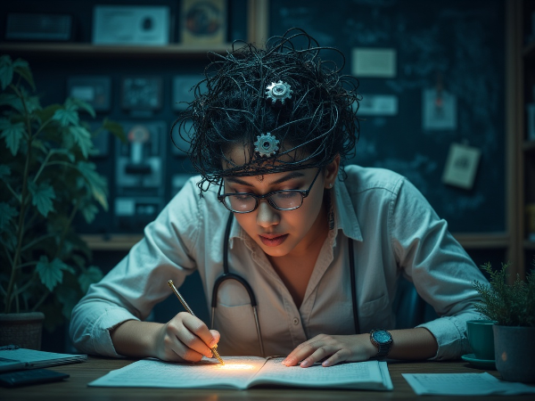 A conceptual image showing a professional woman at her desk, her mind visually blocked and her body expressing stress through abstract pain emanations.