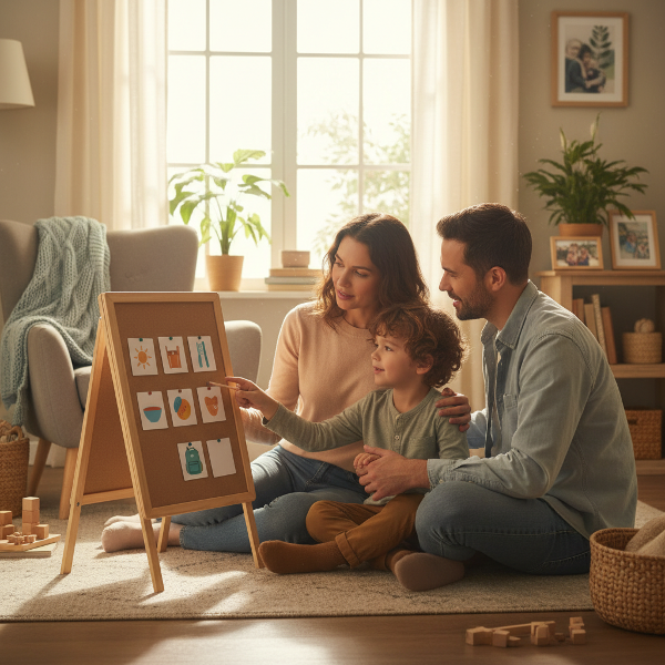 An image showing parents and their son in a harmonious morning routine, combining structure and emotional connection.