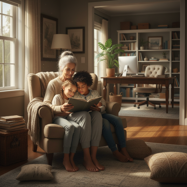 An adoptive mother finds a calm moment with her children, balancing family and work in a warm home environment.