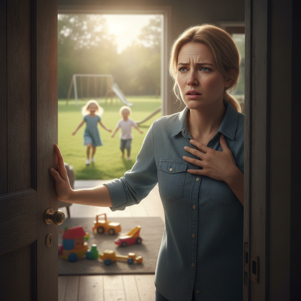 A woman with two children near an open door, sunlight from outside, her posture tense and fearful, while children look hopeful, symbolizing anxiety and maternal love.