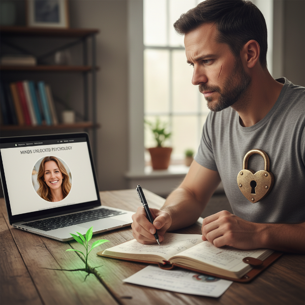 A thoughtful man at his desk, surrounded by symbols of his internal struggle: connection, fear, and growth.