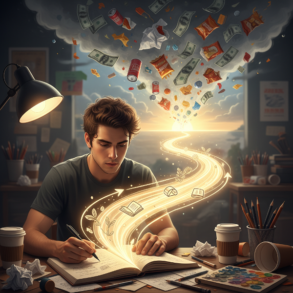 An artistic young man uses drawing to visually untangle his cycle of financial anxiety and stress-eating.