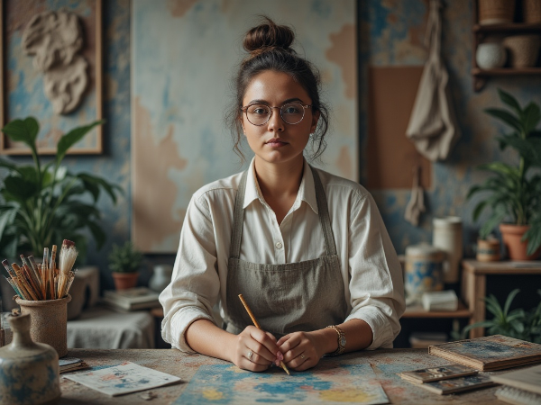 An artist in a studio, overwhelmed by creative block, facing an empty canvas with a palette of dull colors, conveying frustration and a search for inspiration.