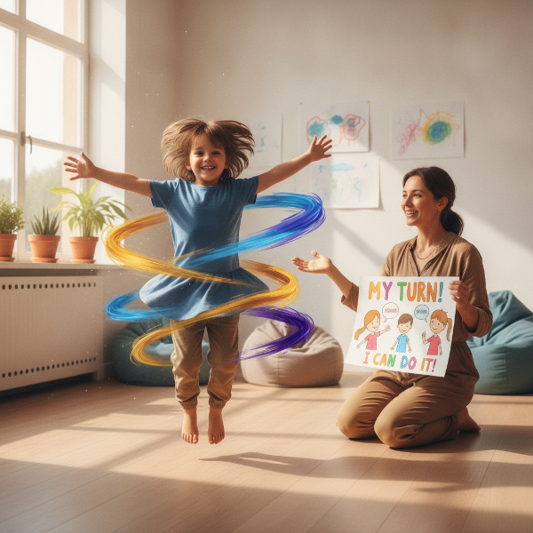 A boy with hyperactivity joyfully dances, learning focus and self-control in a supportive session.