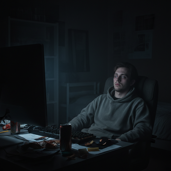 A web developer experiencing burnout, sitting at a desk in dim light with tired eyes and a slumped posture.