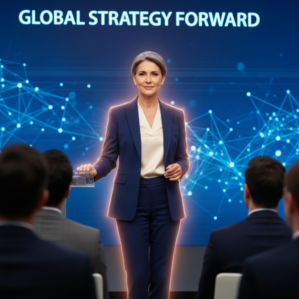 A confident older woman giving a presentation in a boardroom, exuding calm and competence.