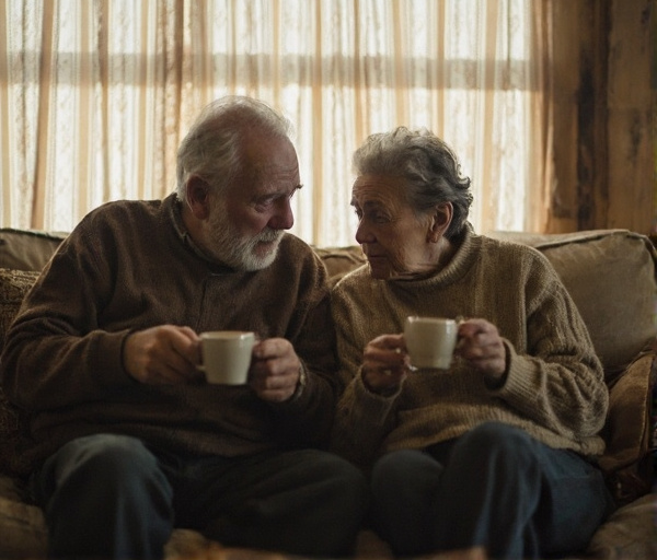 A mature couple in a therapy-like setting, separated by an invisible boundary, with one looking worried and the other grounded, symbolizing codependency break and self-reliance.