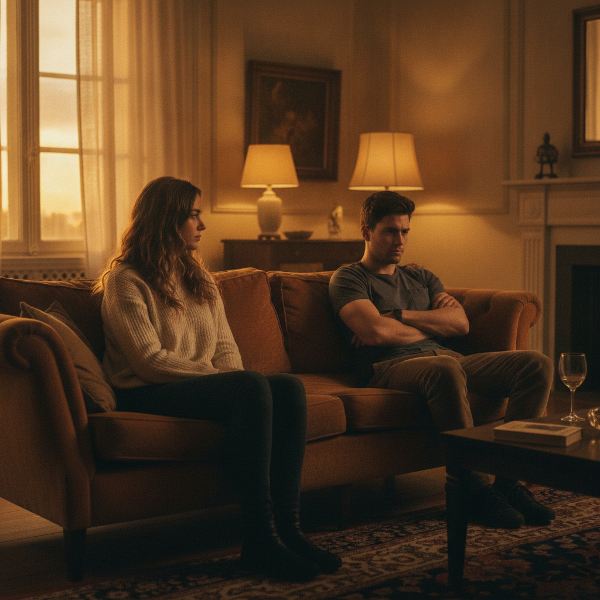 A couple sits on opposite ends of a couch, with a visible emotional distance between them, in a softly lit living room.