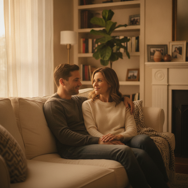 A calm, intimate scene of a couple talking gently, with warm tones and a safe, cozy atmosphere.