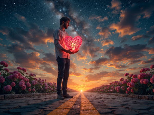 A symbolic image of a person at a crossroads between a path of broken trust and a path of healing, holding a heart.