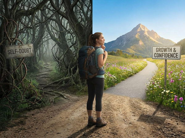 An illustration of a person at a symbolic crossroads, choosing between a path of fear and one of self-assurance.