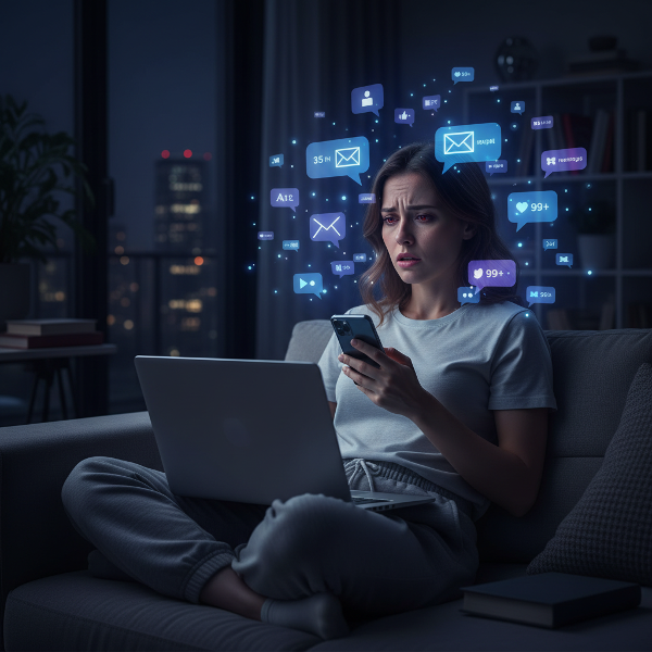 An illustration depicting digital burnout, showing a person overwhelmed by constant connectivity in their personal space.