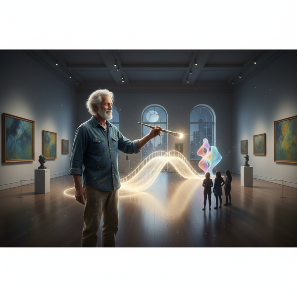 An older artist with a paintbrush stands at a gallery, a glowing bridge connects him to silhouettes of people, symbolizing connection through art.