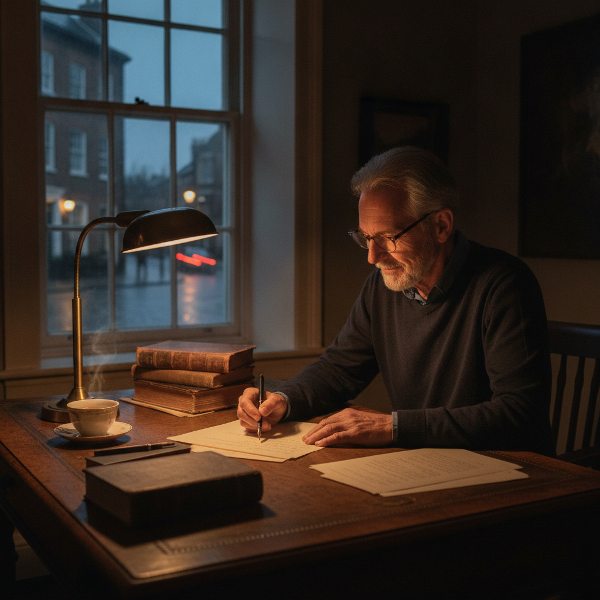 An elderly man in a cozy room writes a thoughtful letter, symbolizing reconnection and hope.