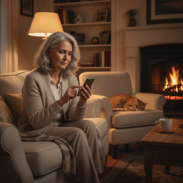 An elderly woman in a quiet living room holds a phone, looking thoughtful, with a cat beside her, conveying isolation and the first step toward connection.