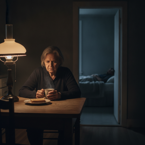 A realistic illustration of an elderly woman in a dim kitchen, appearing anxious and exhausted, with a glimpse of her depressed husband in the bedroom, capturing the emotional weight of caregiving.