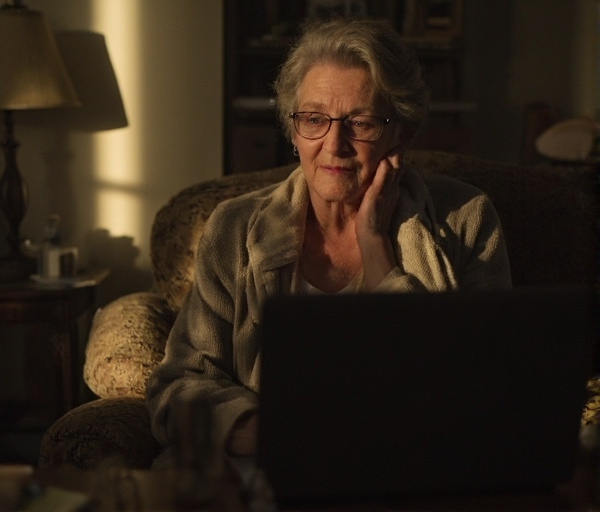 An elderly woman sits at a desk with a laptop, her right hand rubbing her neck and shoulder in discomfort, while a faint, shadowy image of a stern father figure appears in the background, evoking emotional tension.