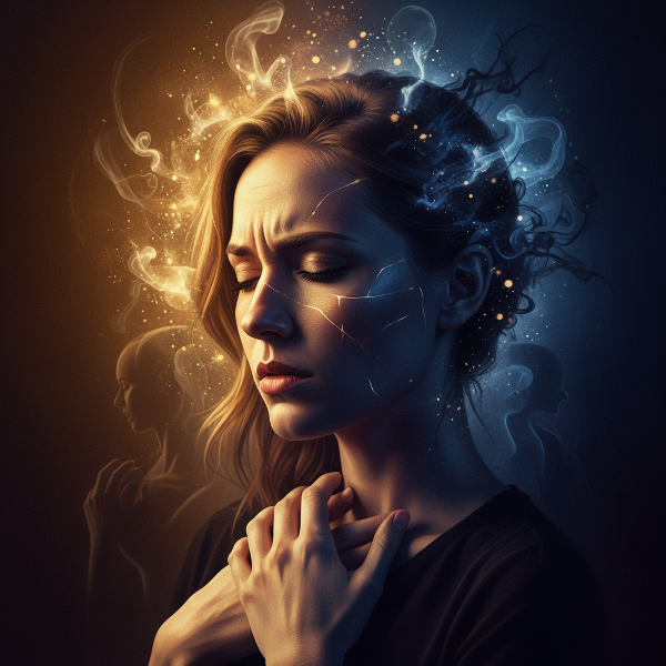 Illustration of a woman in a thoughtful pose, half in warm light and half in cool shadow, representing the push-pull of intimacy fears