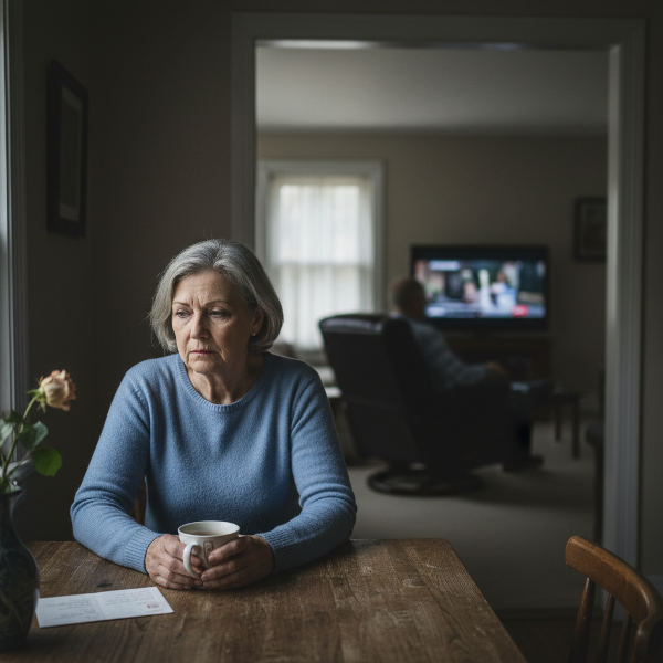 An image depicting a middle-aged woman experiencing loneliness and distance in her marriage, with her husband emotionally withdrawn in a separate space.