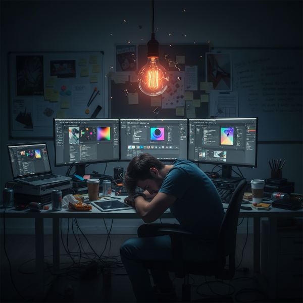 A burnt-out graphic designer overwhelmed by his high-pressure work environment.