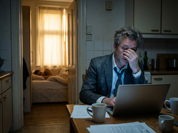A middle-aged man isolated by work stress, symbolizing the emotional distance in a long-term marriage.