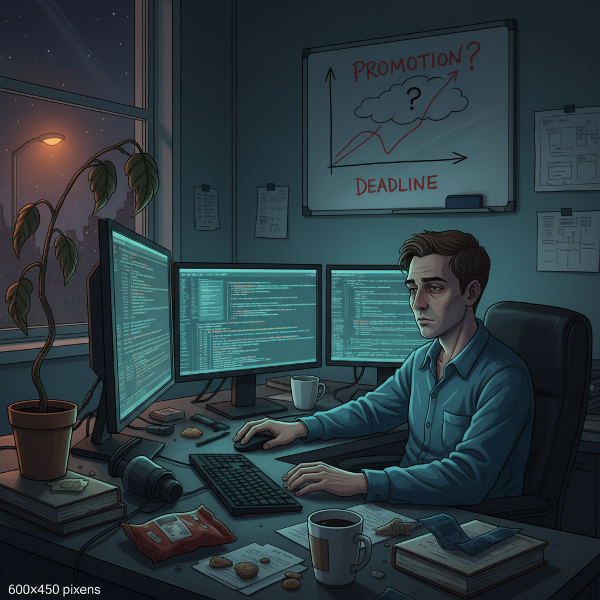 An exhausted software developer working late, surrounded by screens, symbolizing burnout and the pressure for promotion.