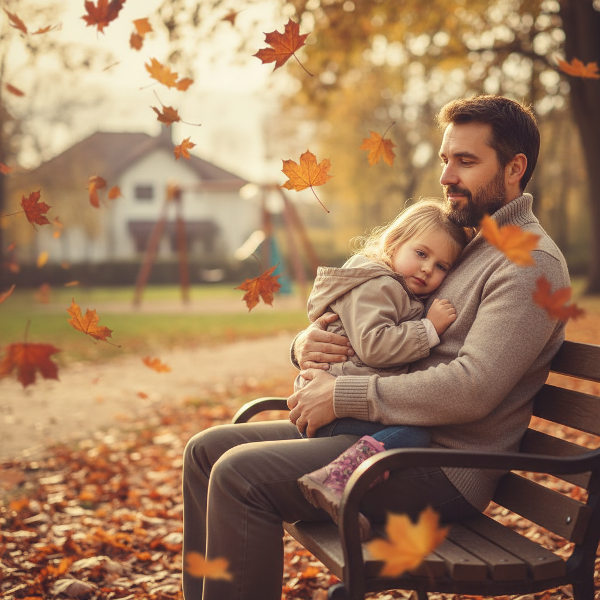 A father and daughter share a quiet moment on a park bench, surrounded by autumn leaves, representing comfort and understanding during a difficult family change.