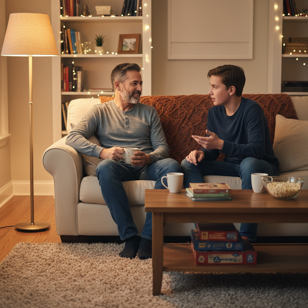 A supportive father listening to his teenage son, creating a safe and understanding atmosphere.