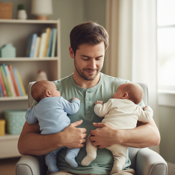 A father holding twin babies with a gentle, introspective look, representing emotional balance and family bonding.