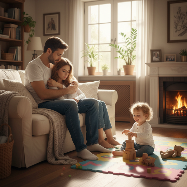 A compassionate scene of a father offering support to a mother experiencing postpartum depression in their home.