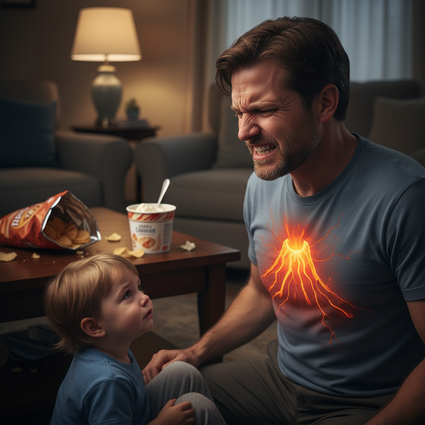 A visual metaphor showing internal anger as a volcano, a distressed child, and junk food representing the cycle of emotional dysregulation.
