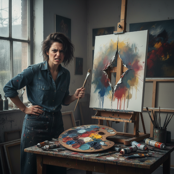 An artist experiencing intense frustration and anger while painting in her studio, with a torn canvas and a chaotic workspace.