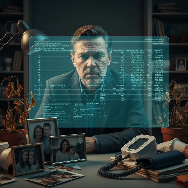 A visual metaphor for workaholism, showing a man whose identity is consumed by his work, with neglected personal life and health indicators in the background.