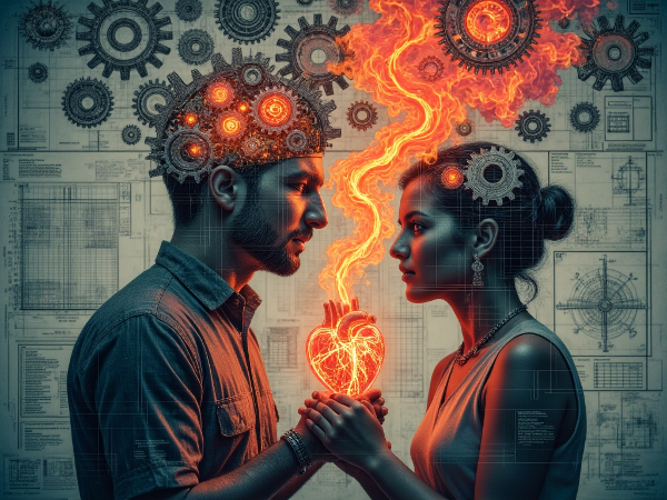 An abstract image showing a transformation from mechanical, analytical symbols to organic, connected forms.