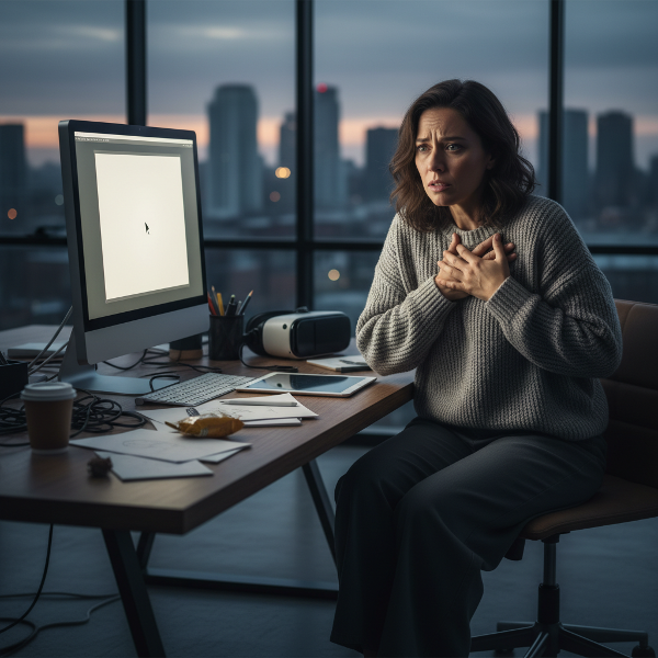 A woman in a creative office environment, appearing tense and surrounded by digital screens, symbolizing anxiety and professional pressure.