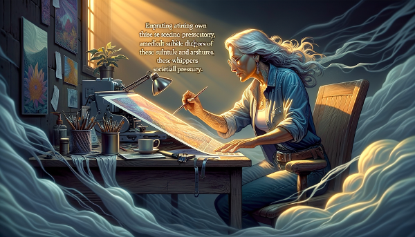 A woman stands at a crossroads between faint, shadowy figures and a bright, colorful path she is painting for herself.