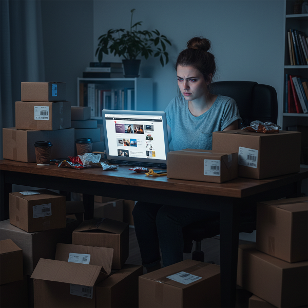 A graphic designer overwhelmed by online shopping packages in her home workspace.