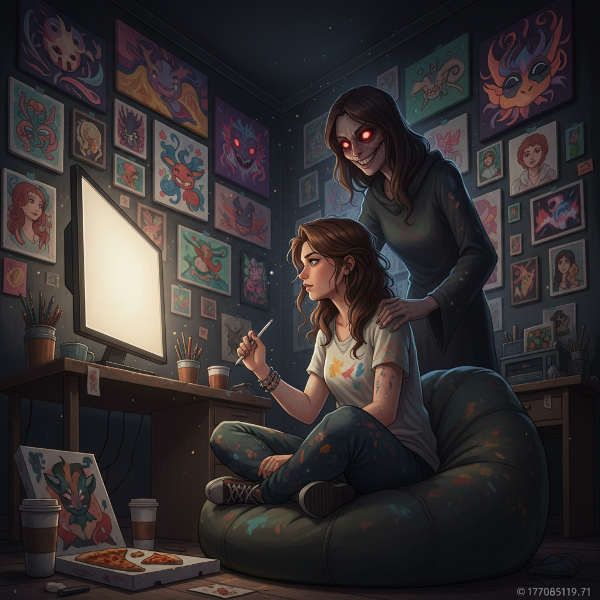 An artist faces creative block while her successful past works illuminate the room, symbolizing imposter syndrome's contrast between evidence and doubt.